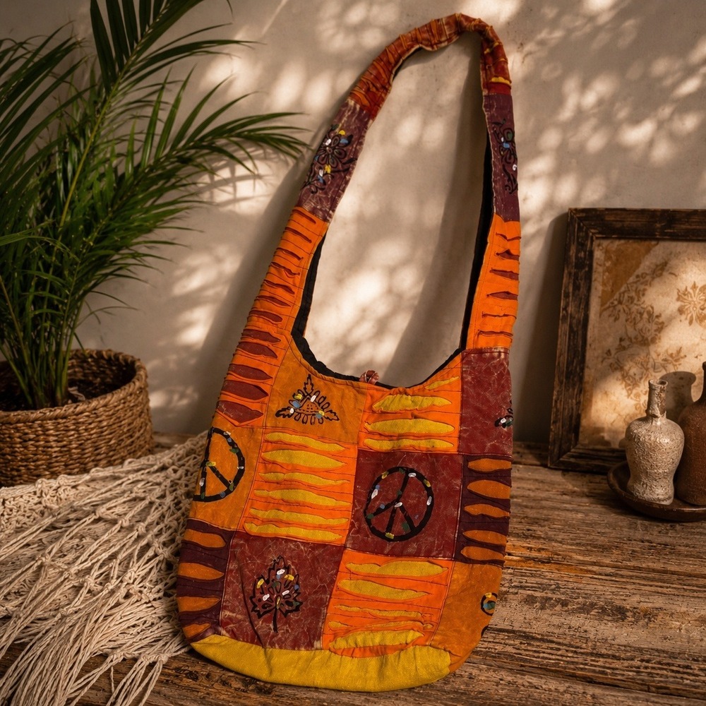 Handmade Boho Patchwork Sling Bag/tote‎ Crossbody Peace Festival Orange Brown